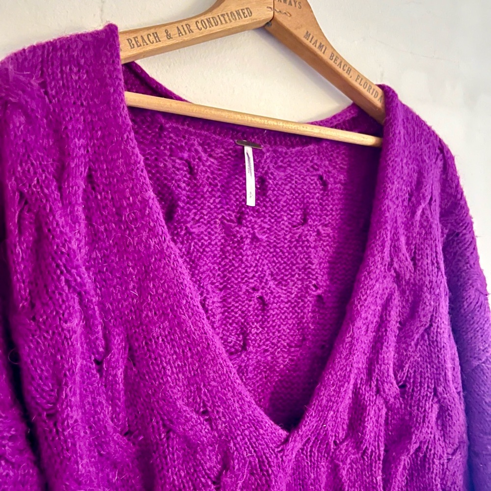 Free People Deep Magenta V-Neck Cable Knit Sweater